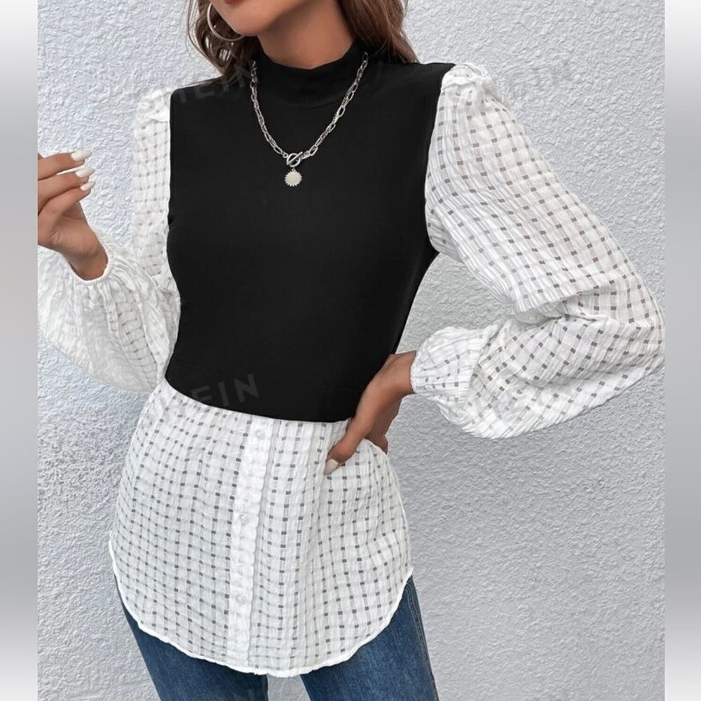 SHEIN L Black White Mock Neck Long Lantern Sleeve 2 in 1 Plaid Combo Top
